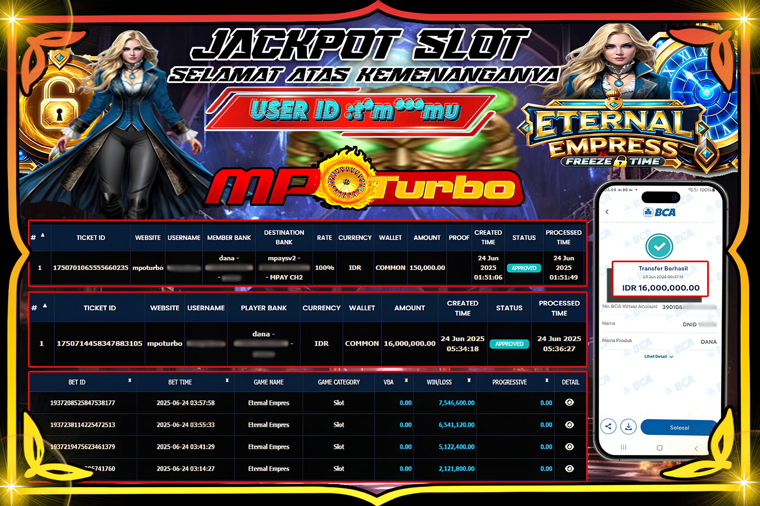 MPOTURBO JACKPOT SLOT  ETERNAL EMPRES - PRAGMATIC PLAY Rp 16,000,000.00,- LUNAS